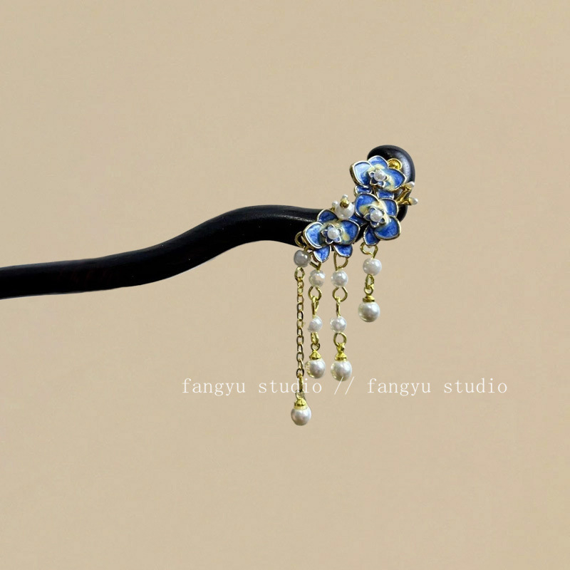 Fából készült virág alakú hajcsat bojtokkal, U-alakú, új kínai stílus