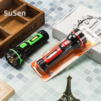 Sosen LED zseblámpa COB oldalsó fénnyel, újratölthető, 1W LED, ABS ház, 200–500 m hatótáv, akkumulátor üzemideje 6 óra