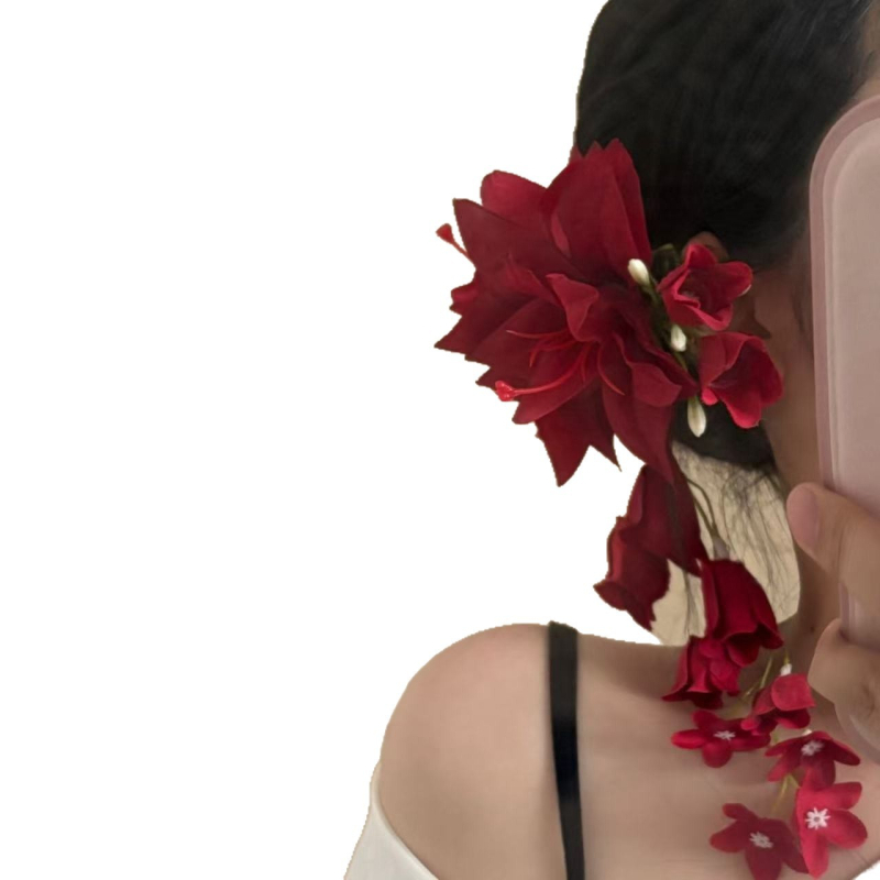 Accesorii pentru cap cu floare artificială și ciucuri – Handmade, materiale mixte; clemă de păr de tip cioc de rață; Primăvara 2025; Stil: natură (Proaspăt și dulce)