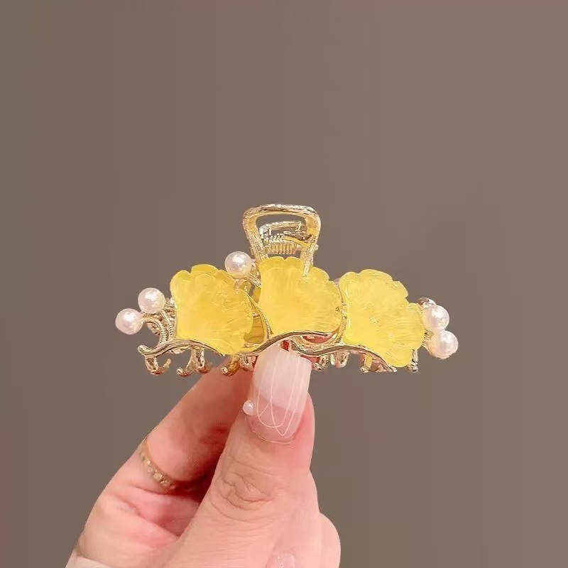 Clamă de păr cu design frunză de ginko, dublă, metalică, stil coreean