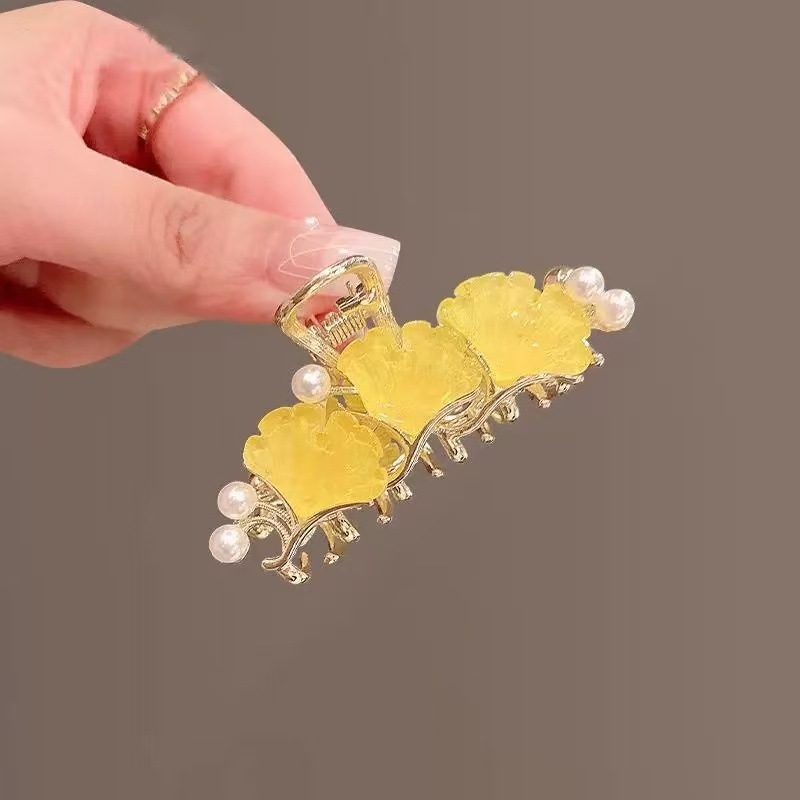 Clamă de păr cu design frunză de ginko, dublă, metalică, stil coreean