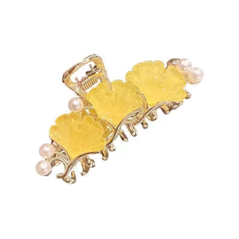 Clamă de păr cu design frunză de ginko, dublă, metalică, stil coreean