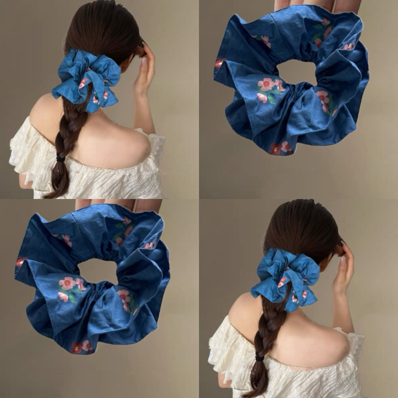 Elastic de păr cu model floral, material textil, lansare primăvara 2025, stil pastoral, proaspăt și dulce