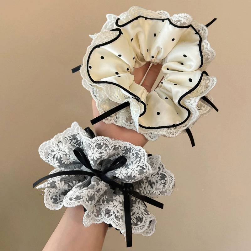 Koreai stílusú hajgumi pöttyös hálós anyagból, virágdíszítéssel kontyhoz vagy copfoshoz, kézzel készített, magas rugalmasságú, friss és édes stílus