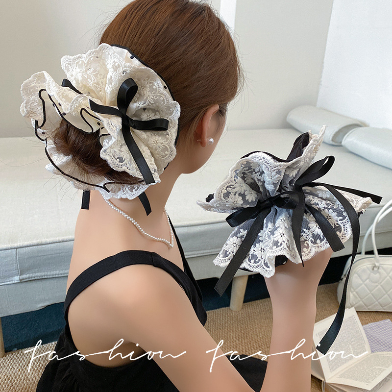 Koreai stílusú hajgumi pöttyös hálós anyagból, virágdíszítéssel kontyhoz vagy copfoshoz, kézzel készített, magas rugalmasságú, friss és édes stílus