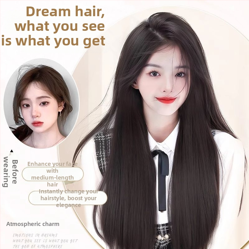 Haj topperek középre elválasztott, hosszú egyenes hajjal, magas koronával, élethű megjelenés, kézzel szőtt, fehérje selyem anyagból, nem festhető vagy dauerolható