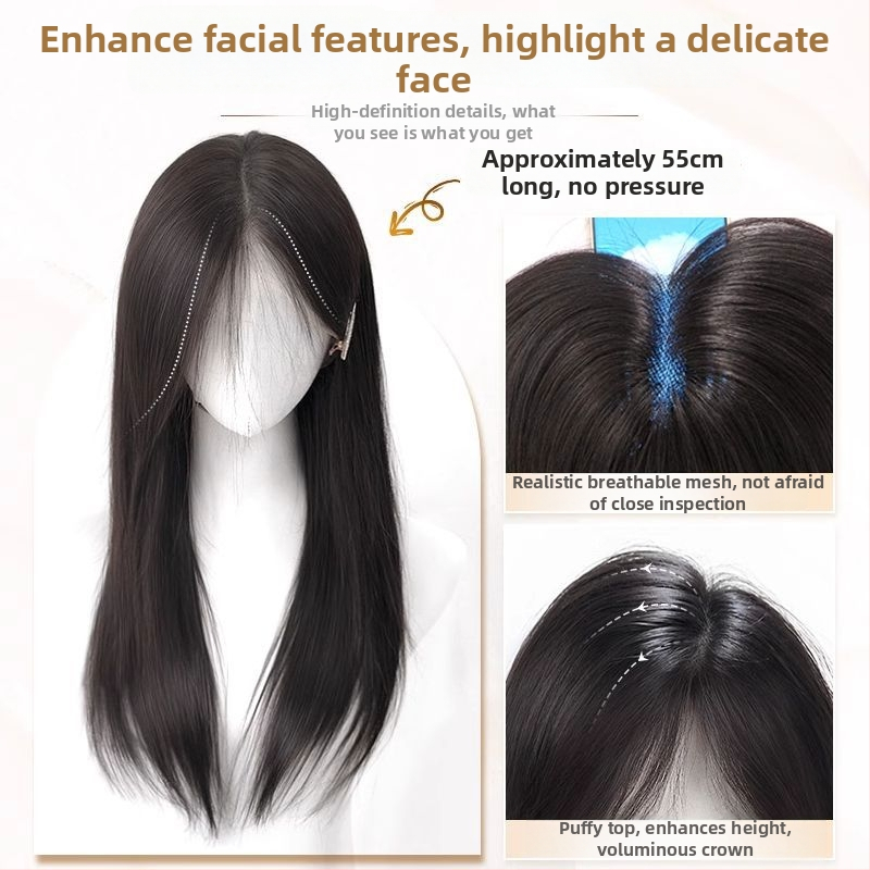 Haj topperek középre elválasztott, hosszú egyenes hajjal, magas koronával, élethű megjelenés, kézzel szőtt, fehérje selyem anyagból, nem festhető vagy dauerolható