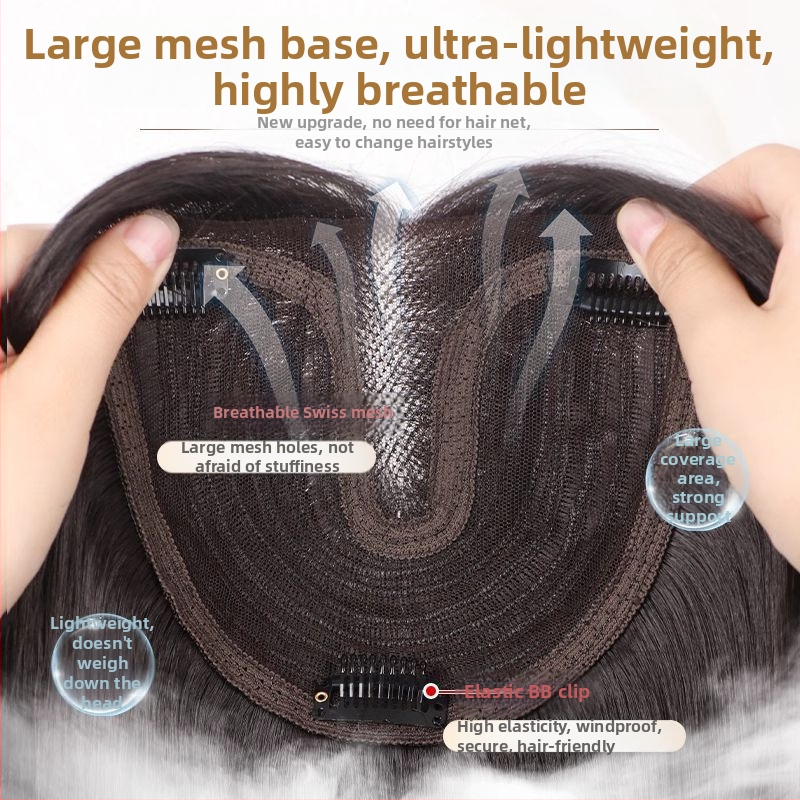 Haj topperek középre elválasztott, hosszú egyenes hajjal, magas koronával, élethű megjelenés, kézzel szőtt, fehérje selyem anyagból, nem festhető vagy dauerolható