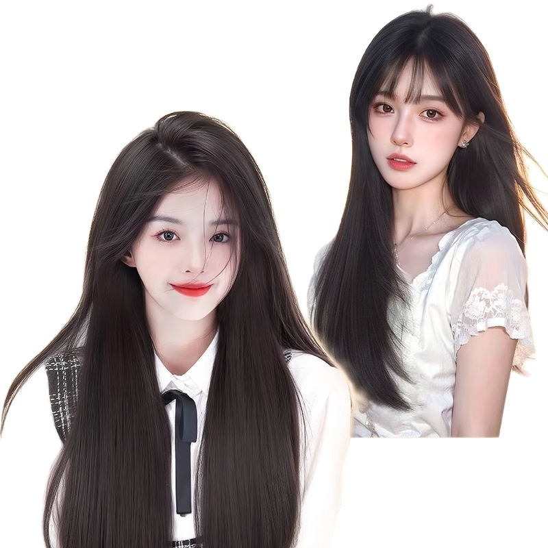 Haj topperek középre elválasztott, hosszú egyenes hajjal, magas koronával, élethű megjelenés, kézzel szőtt, fehérje selyem anyagból, nem festhető vagy dauerolható