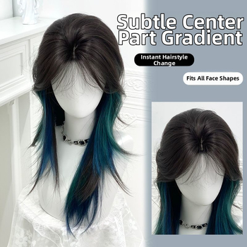 Kék-zöld gradienttel rendelkező haj topper, középtávú-hosszú enyhén göndör frizura, hajhálóra nincs szükség (magas hőmérsékletű selyem; egyenes haj; mechanizált gyártás; nem színezhető)