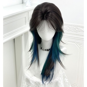 Kék-zöld gradienttel rendelkező haj topper, középtávú-hosszú enyhén göndör frizura, hajhálóra nincs szükség (magas hőmérsékletű selyem; egyenes haj; mechanizált gyártás; nem színezhető)