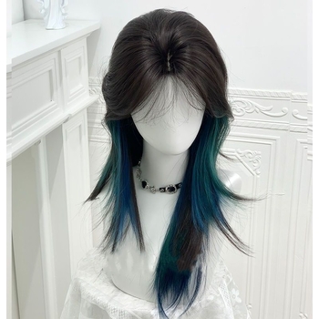 Kék-zöld gradienttel rendelkező haj topper, középtávú-hosszú enyhén göndör frizura, hajhálóra nincs szükség (magas hőmérsékletű selyem; egyenes haj; mechanizált gyártás; nem színezhető)
