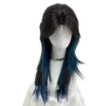 Kék-zöld gradienttel rendelkező haj topper, középtávú-hosszú enyhén göndör frizura, hajhálóra nincs szükség (magas hőmérsékletű selyem; egyenes haj; mechanizált gyártás; nem színezhető)