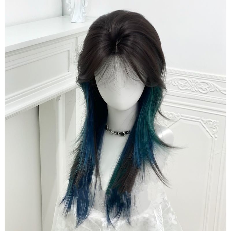 Kék-zöld gradienttel rendelkező haj topper, középtávú-hosszú enyhén göndör frizura, hajhálóra nincs szükség (magas hőmérsékletű selyem; egyenes haj; mechanizált gyártás; nem színezhető)