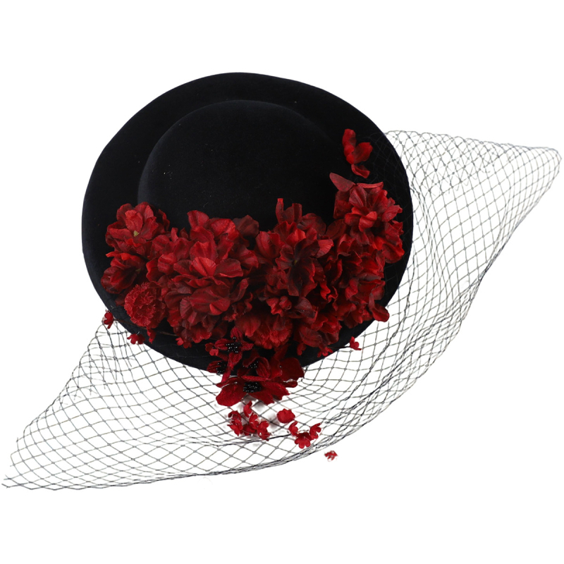 Hajdísz cilinderkalap formájú hálós virággal és dekoratív bojtokkal, retro gyapjú-stílusban — nőknek — Kézzel készített • poliészter rost • téli 2025 • Modell Ll-1812