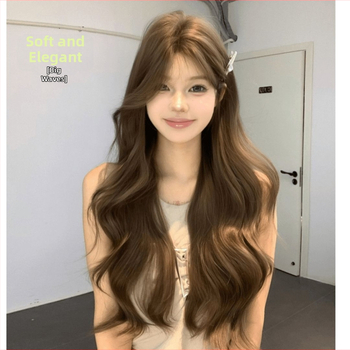 Női koreai stílusú hosszú göndör paróka egyenes frufruval, gépi készítésű, hőálló selyem anyag, nem festhető