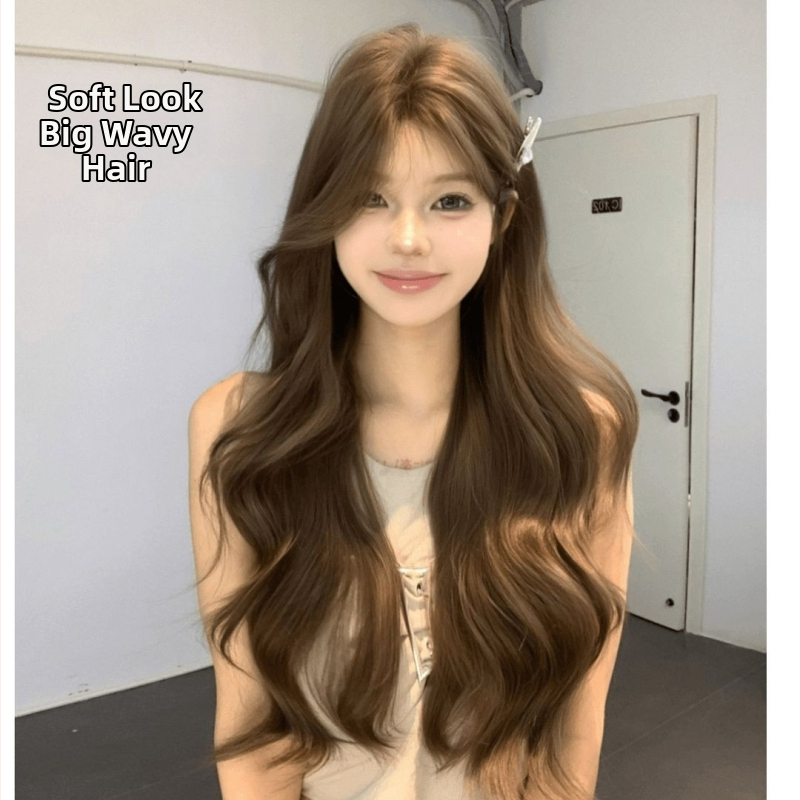 Női koreai stílusú hosszú göndör paróka egyenes frufruval, gépi készítésű, hőálló selyem anyag, nem festhető