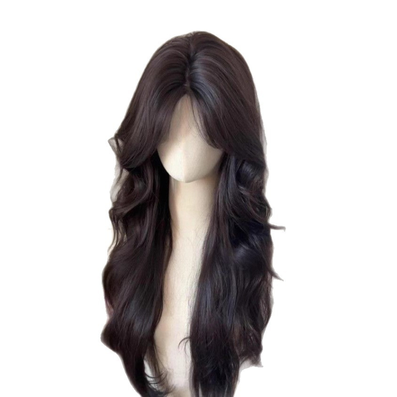 paruka háló nélküli kialakítással, hosszú göndör haj, középső part, hőálló szálak, természetes megjelenés