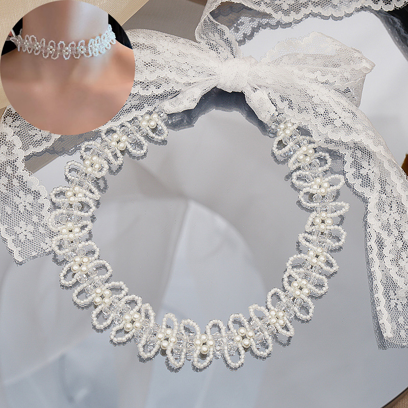 Koreai stílusú kristályos hajpánt, csipkés masnival