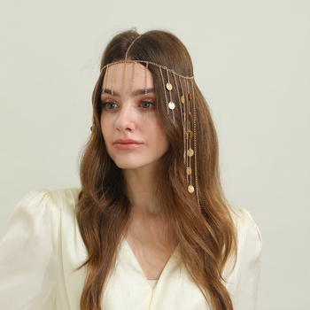 Bandă pentru păr din aliaj, stil etnic, cu ciucuri și paiete, lanț geometric pentru păr, placare electrochimică, ambalare individuală, vara 2025
