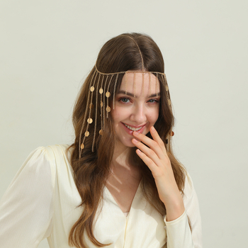 Bandă pentru păr din aliaj, stil etnic, cu ciucuri și paiete, lanț geometric pentru păr, placare electrochimică, ambalare individuală, vara 2025