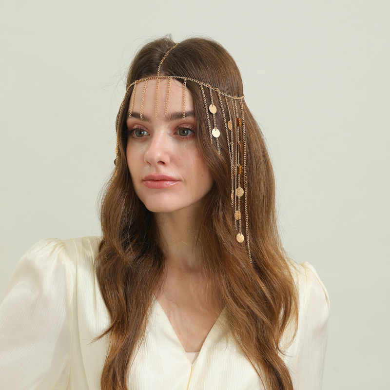 Bandă pentru păr din aliaj, stil etnic, cu ciucuri și paiete, lanț geometric pentru păr, placare electrochimică, ambalare individuală, vara 2025