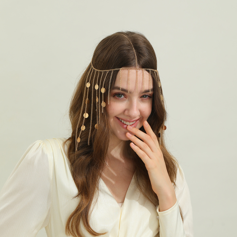 Bandă pentru păr din aliaj, stil etnic, cu ciucuri și paiete, lanț geometric pentru păr, placare electrochimică, ambalare individuală, vara 2025