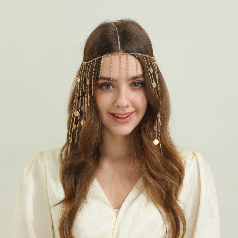 Bandă pentru păr din aliaj, stil etnic, cu ciucuri și paiete, lanț geometric pentru păr, placare electrochimică, ambalare individuală, vara 2025