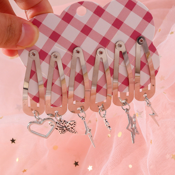 6 darabos hajcsat készlet csillag, szív, pillangó, virág és villám medállal – ötvözet, elektroplattázott felület, egyenként csomagolva