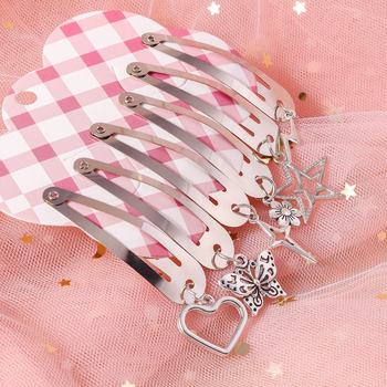 6 darabos hajcsat készlet csillag, szív, pillangó, virág és villám medállal – ötvözet, elektroplattázott felület, egyenként csomagolva