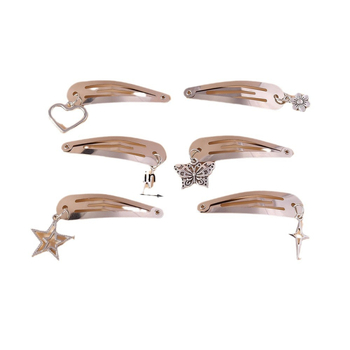 6 darabos hajcsat készlet csillag, szív, pillangó, virág és villám medállal – ötvözet, elektroplattázott felület, egyenként csomagolva