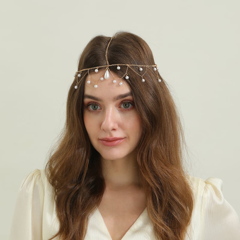 Vintage gyöngyös homloklánc – elektroplattált menyasszonyi hajdísz, 2025 tél