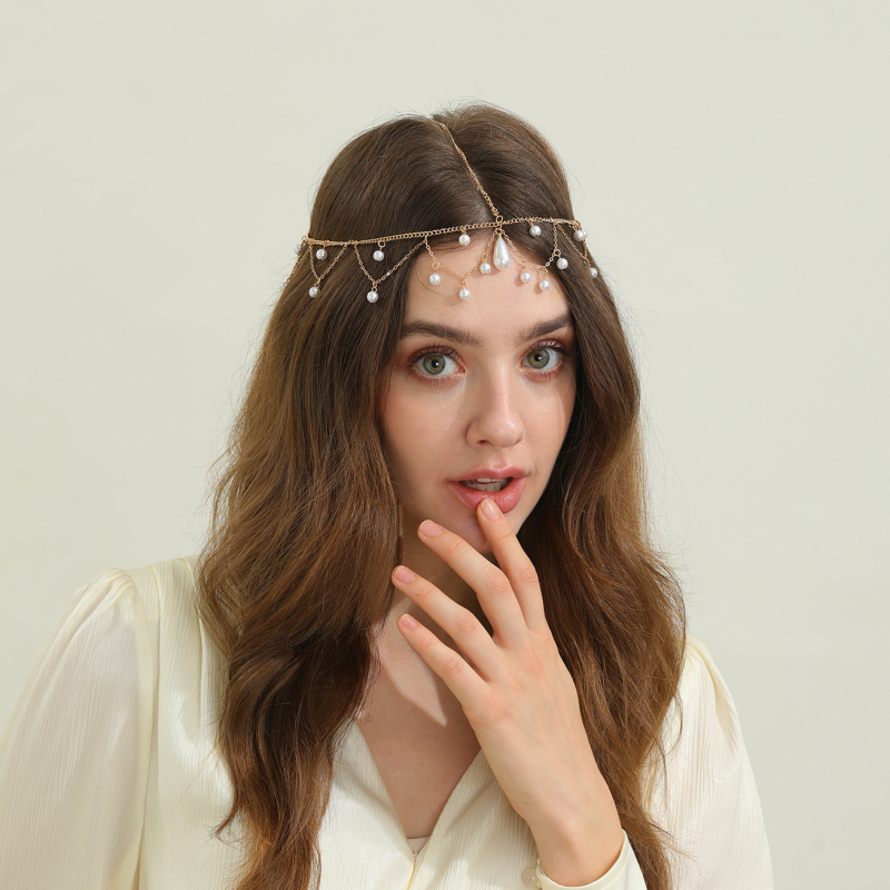 Vintage gyöngyös homloklánc – elektroplattált menyasszonyi hajdísz, 2025 tél