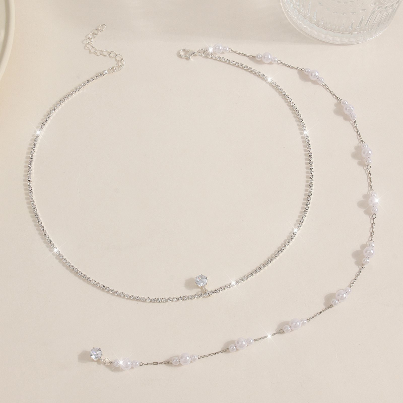 Верига за тяло и гръд с бели кристали, електроплатирана сплав и инlay със изкуствени камъни, пандант ресни