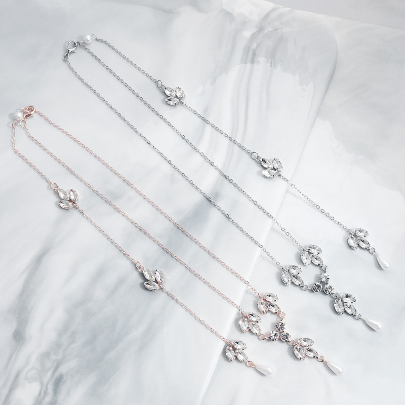 Colier cu lanț spate și perle, cristale albe, placare cu aur, personalizabil