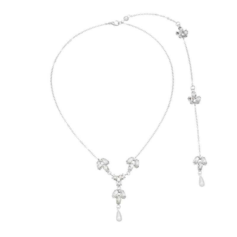 Colier cu lanț spate și perle, cristale albe, placare cu aur, personalizabil