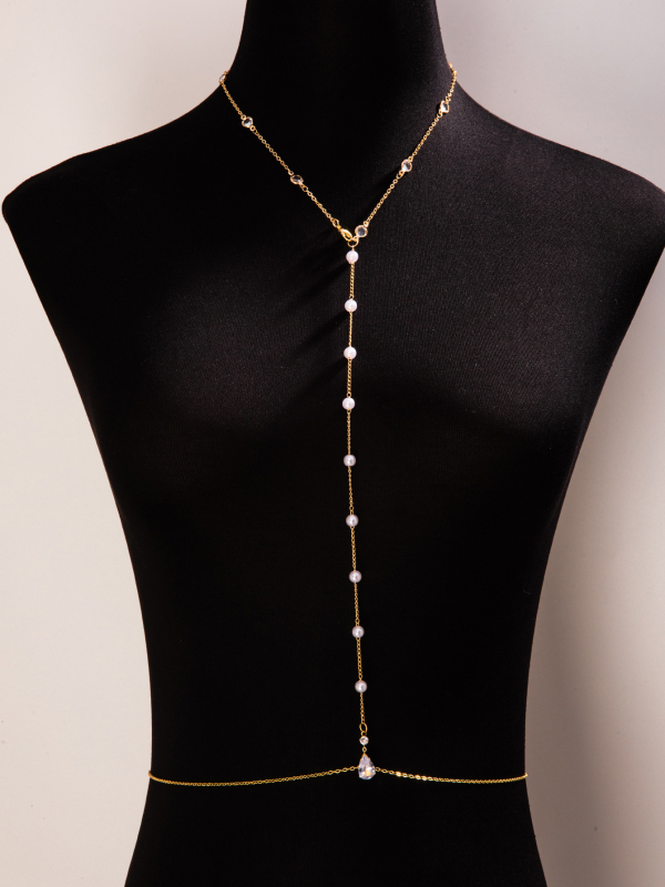 Lanț pentru corp cu perle artificiale, formă geometrică, stil minimalist feminin, placare electrolitică