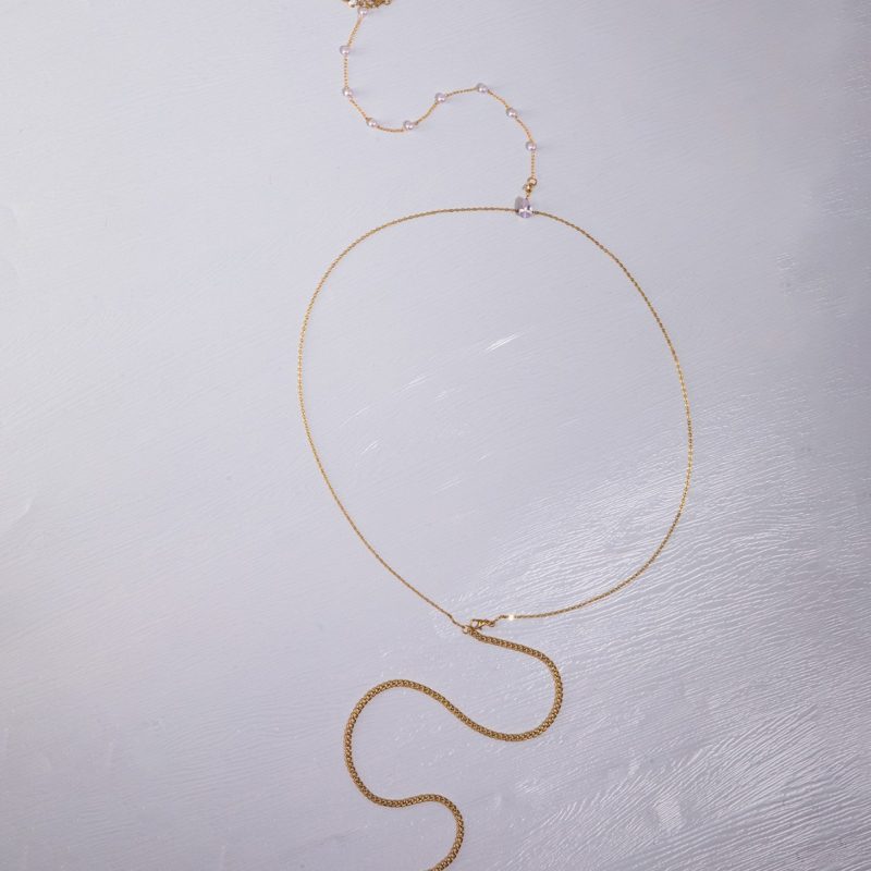 Lanț pentru corp cu perle artificiale, formă geometrică, stil minimalist feminin, placare electrolitică