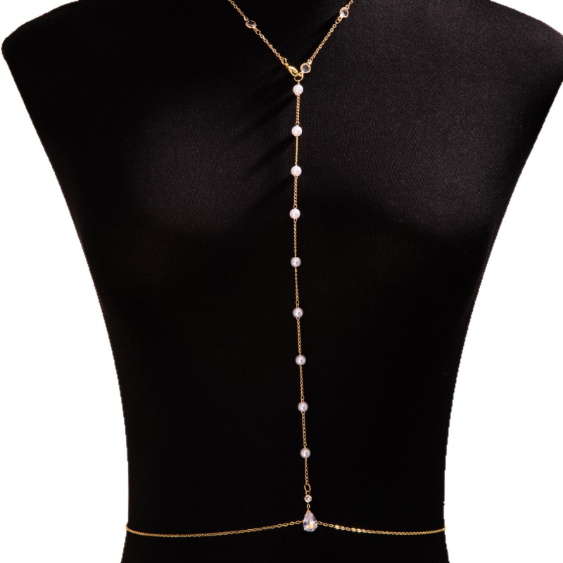 Lanț pentru corp cu perle artificiale, formă geometrică, stil minimalist feminin, placare electrolitică