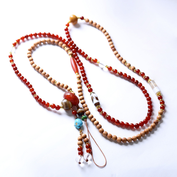 Lanț pentru telefon cu design diagonal, țesut manual, cu agat, lemn de santal și mărgele cu dinți de tigru