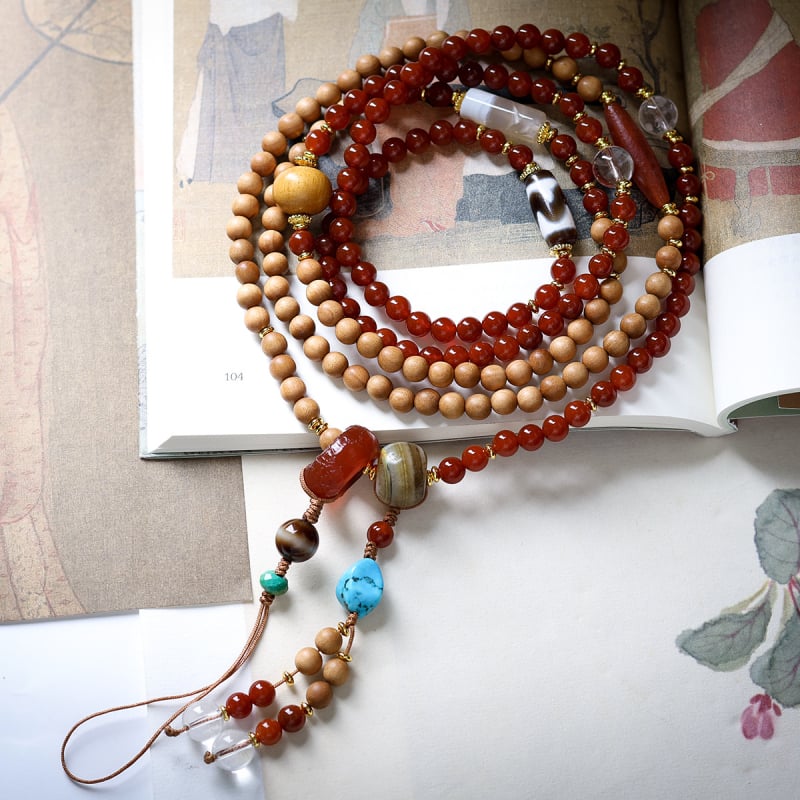 Lanț pentru telefon cu design diagonal, țesut manual, cu agat, lemn de santal și mărgele cu dinți de tigru