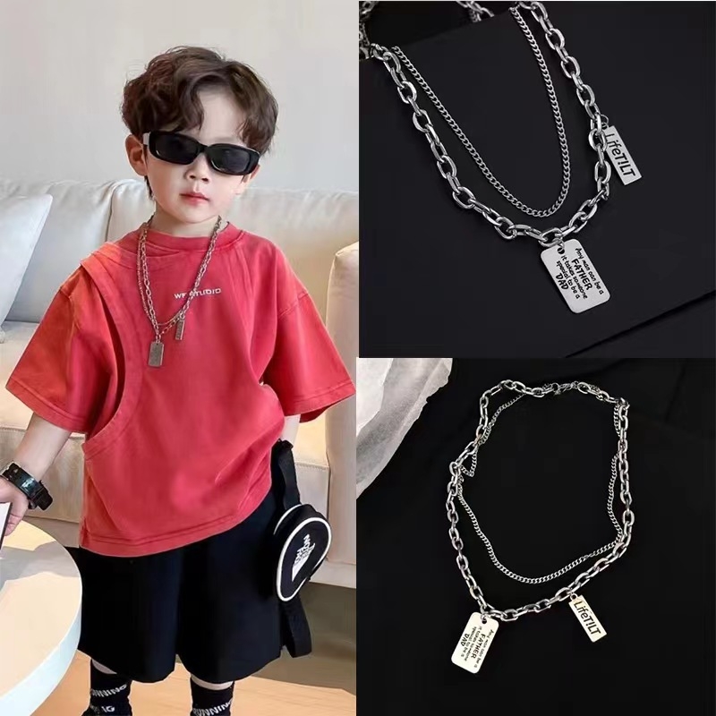 Dječji dvostruki sloj ogrlice s engleskim slovima, titan čelik, O- lanac, unisex, geometrijski dizajn
