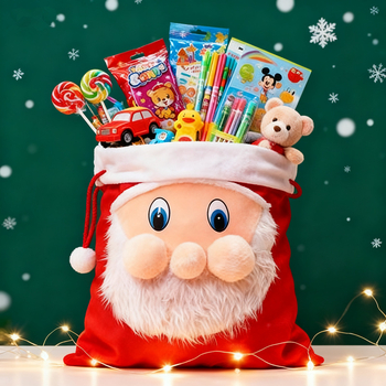 Kalėdų dovanų maišelis su Kalėdų Seneliu, drobė, siuvamas, karikatūrų raštas