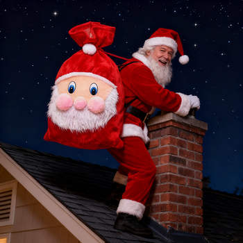 Kalėdų dovanų maišelis su Kalėdų Seneliu, drobė, siuvamas, karikatūrų raštas