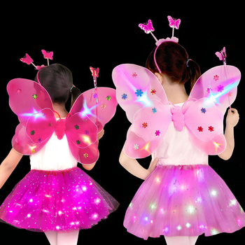 LED gaismas tauriņa spārni meitenēm — četrdaļīgs komplekts no auduma, deju rekvizīts uz muguras
