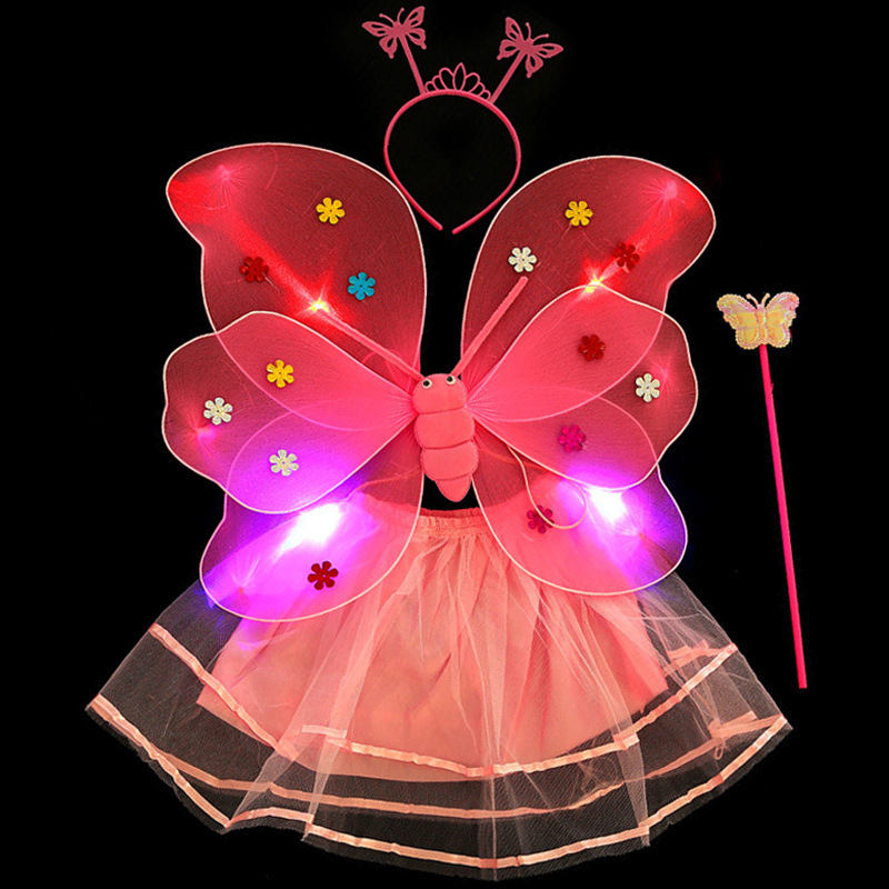 LED gaismas tauriņa spārni meitenēm — četrdaļīgs komplekts no auduma, deju rekvizīts uz muguras