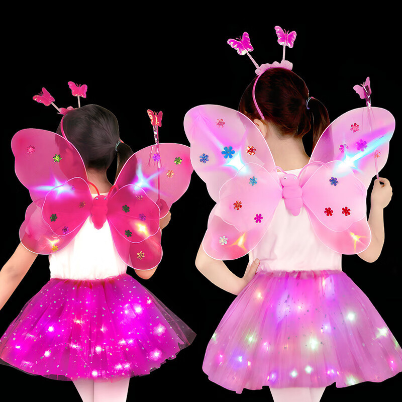 LED gaismas tauriņa spārni meitenēm — četrdaļīgs komplekts no auduma, deju rekvizīts uz muguras