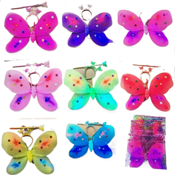 Gaismas tauriņa spārni – triju daļu komplekts bērniem, eņģeļa formas (LED gaisma; auduma spārni; dinamisks gaismas efekts; piemērots zīdaiņiem un maziem bērniem 0–3 gadi)