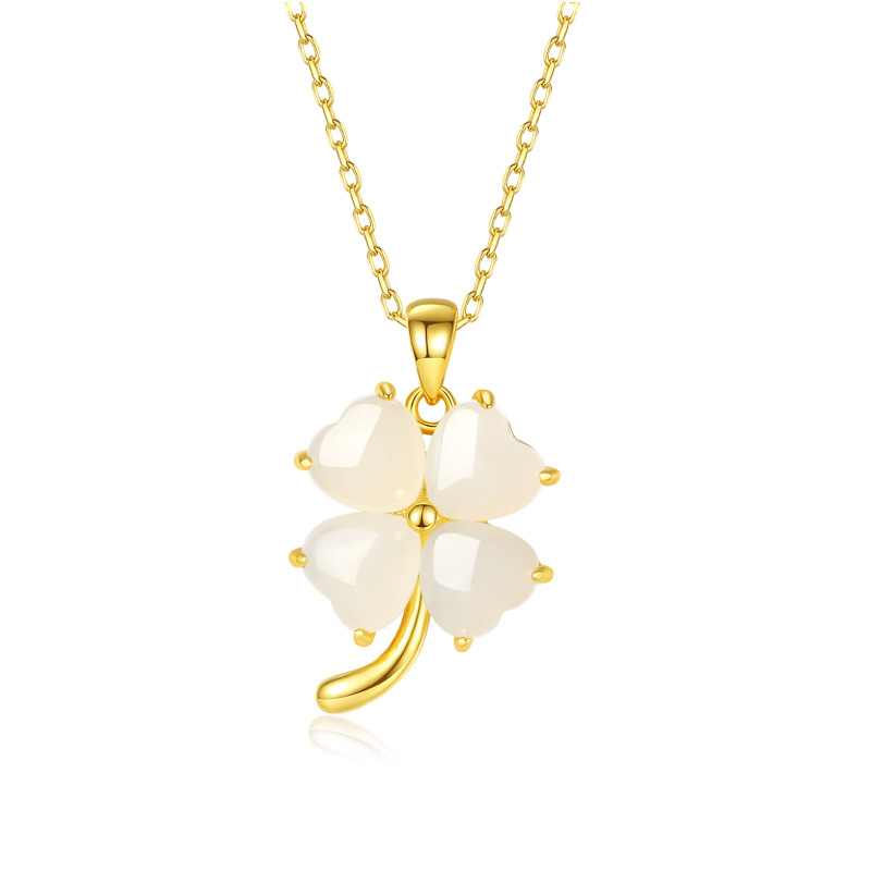 Ogrlica s motivom četverolistnog lista i privjeskom od Hetian jade, 925 srebro, težina 3,53 g, dizajn lišća