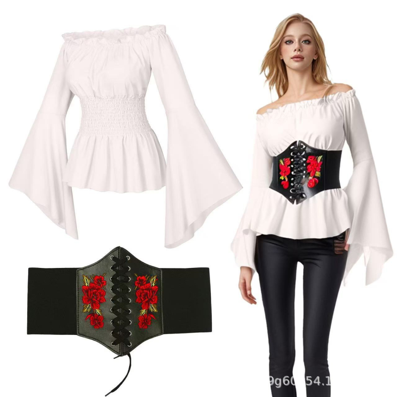 Curea de talie brodată cu trandafiri, stil franțuzesc, talie lată, elastic, piele sintetică, accesoriu feminin, lungime 60-80 cm